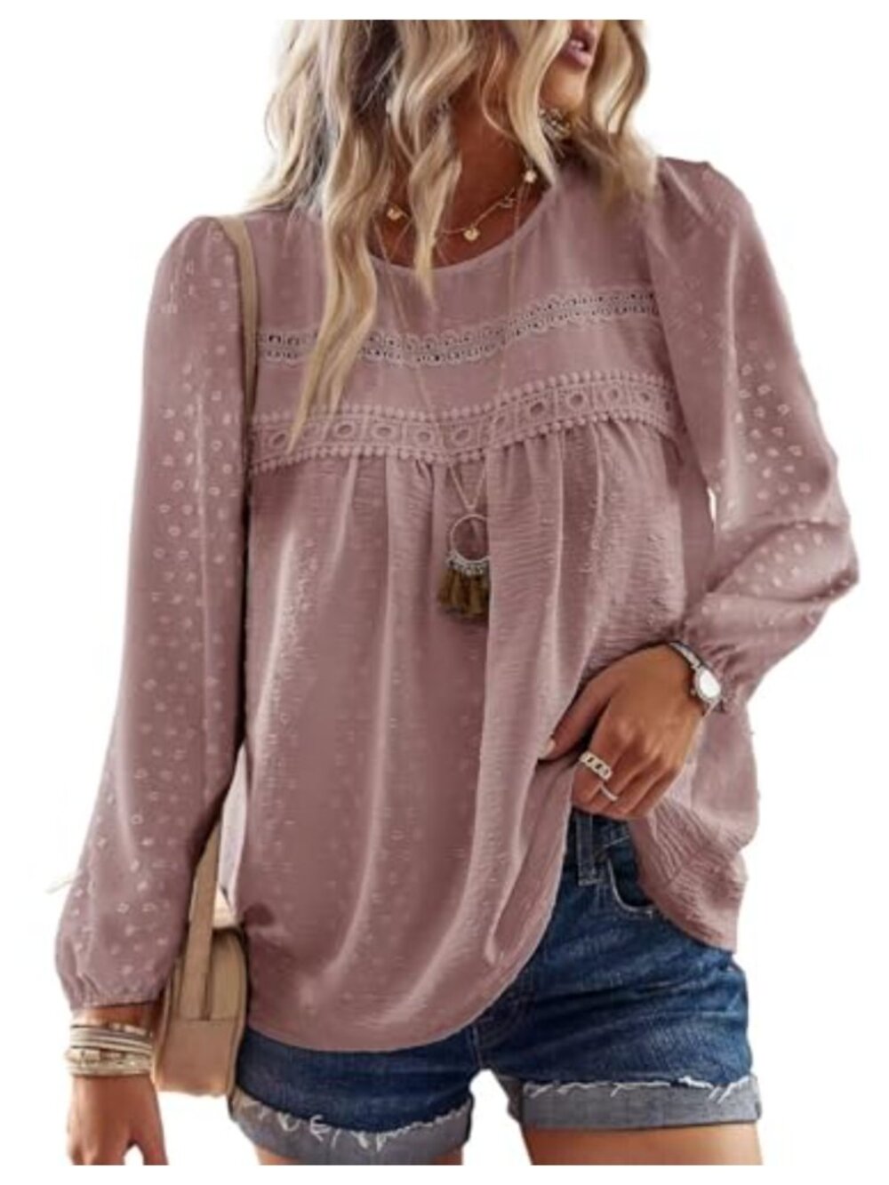 Falechay Womens Boho Lace Crochet Long Sleeve Peasant Blouse